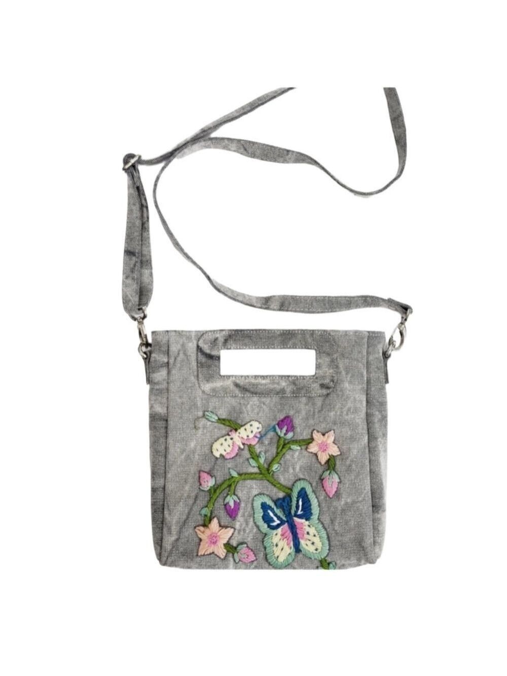 RAJ ANTHROPOLOGIE EMBROIDERED CROSSBODY SHOULDER REMOVABLE GRAY DENIM BAG NWOT - Picture 1 of 13